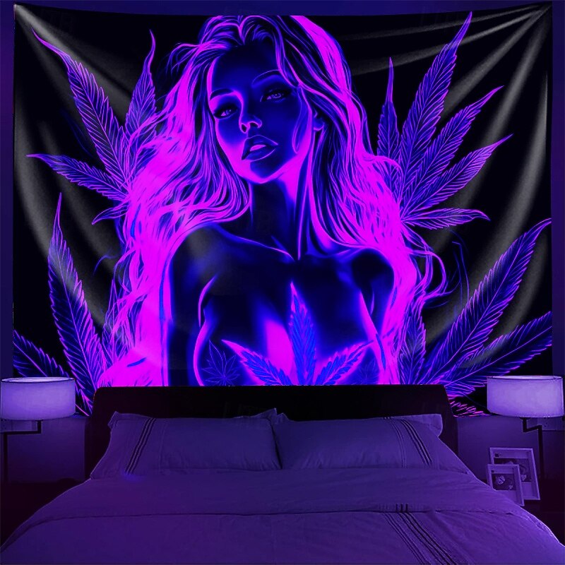Blacklight Tapestry Sexy Girl with Weed Leaves – UV Reactive Glowing Wall Hanging Decoration for Bedroom, Dorm, Party, or Game Room Decor