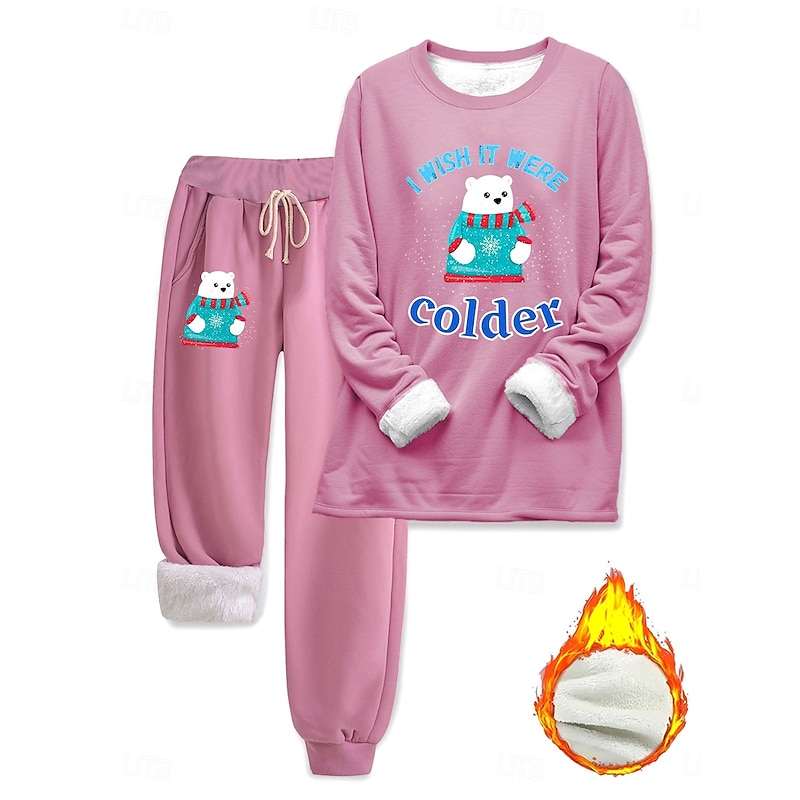 Women's Elegant Warm Fashion Two Piece Sets Tracksuit Pants Sets Long Sleeve Bishop Sleeve Crew Neck Graphic Animal Letter Print Outdoor Vacation Casual Black Pink Dark Pink Spring Regular Fit