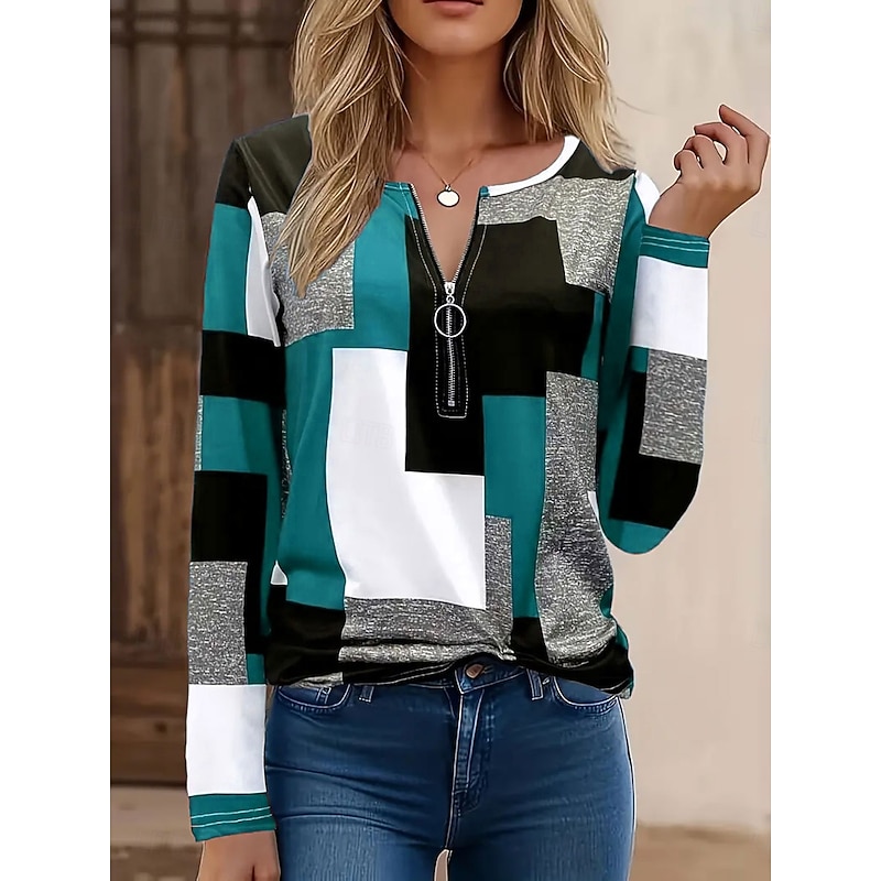 Women's T Shirt Graphic Geometric Vintage Fashion Stylish Long Sleeve Crew Neck Regular Tops Daily Zipper Print Red Blue Purple Green Gray Spring Fall Winter3