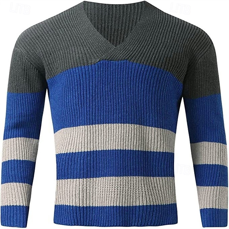 Men's Sweater Pullover Sweater Jumper Ribbed Knit Regular Tops Color Block Knitted Plain V Neck Knitwear Contemporary Casual Daily Wear Clothing Apparel Fall Blue M L XL2