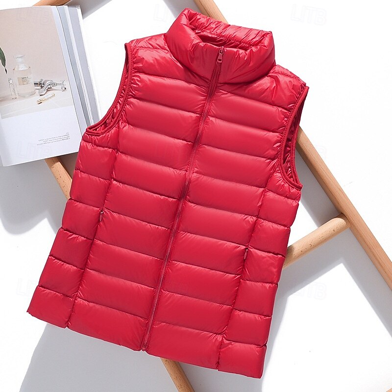 Women's Vest Warm Comfortable Zipper Pocket Casual Plain Outdoor Street Going out Weekend Zipper Regular Stand Collar Regular Fit Sleeveless Outerwear Black White Red Fall Winter2