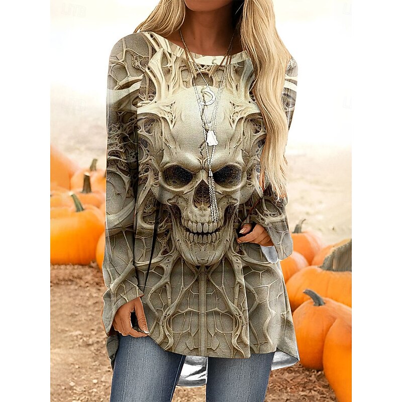 Halloween Women's T Shirt Skulls Graphic Vintage Stylish Classic Long Sleeve Crew Neck Long Tops Daily Print White Blue Purple Green Khaki Spring Fall