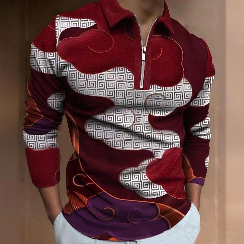 Men's 3D Print Abstract Geometic Polo Long Sleeve Turndown Casual Trendy Street Athleisure Casual Daily Zipper Spring Fall Winter Black Red Brown3