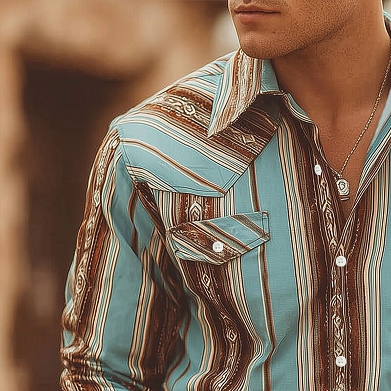 Men's Geometric Striped Color-blocking Shirt Western Shirt Cowboy Shirt Long Sleeve Vintage Retro Outdoor Daily WorkWear Fall & Winter Turndown 3D Print Front Two Pockets Button Up Shirts Blue Sky2