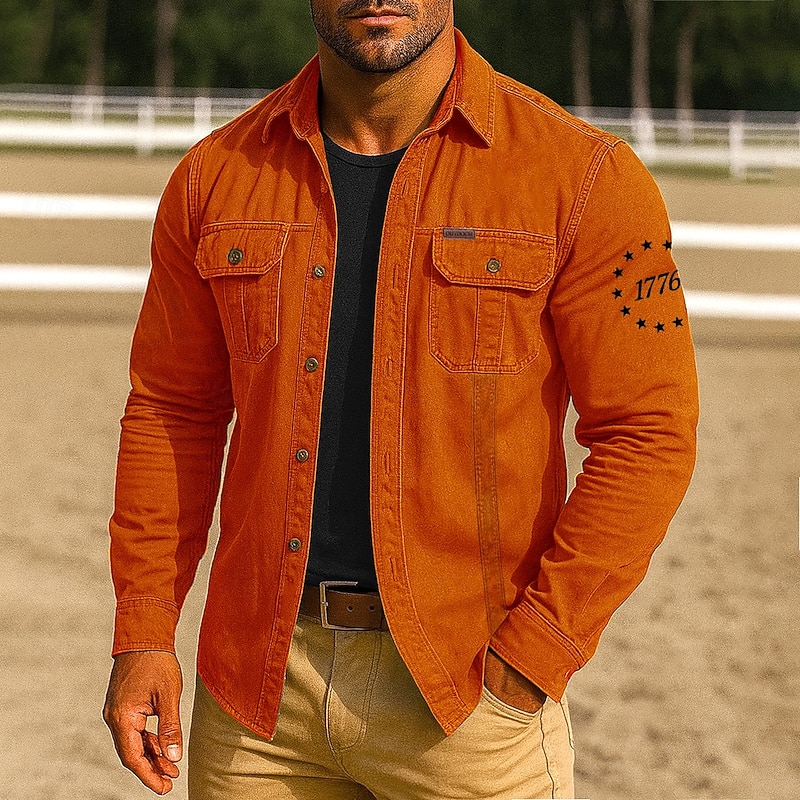 Men's Patriotic 1776 Work Shirt Western Shirt Cargo Shirt Long Sleeve Tactical Vintage Retro Sports Outdoor WorkWear Spring Fall Turndown Front Two Pockets Button Up Shirts Black Red Blue Orange Khaki3