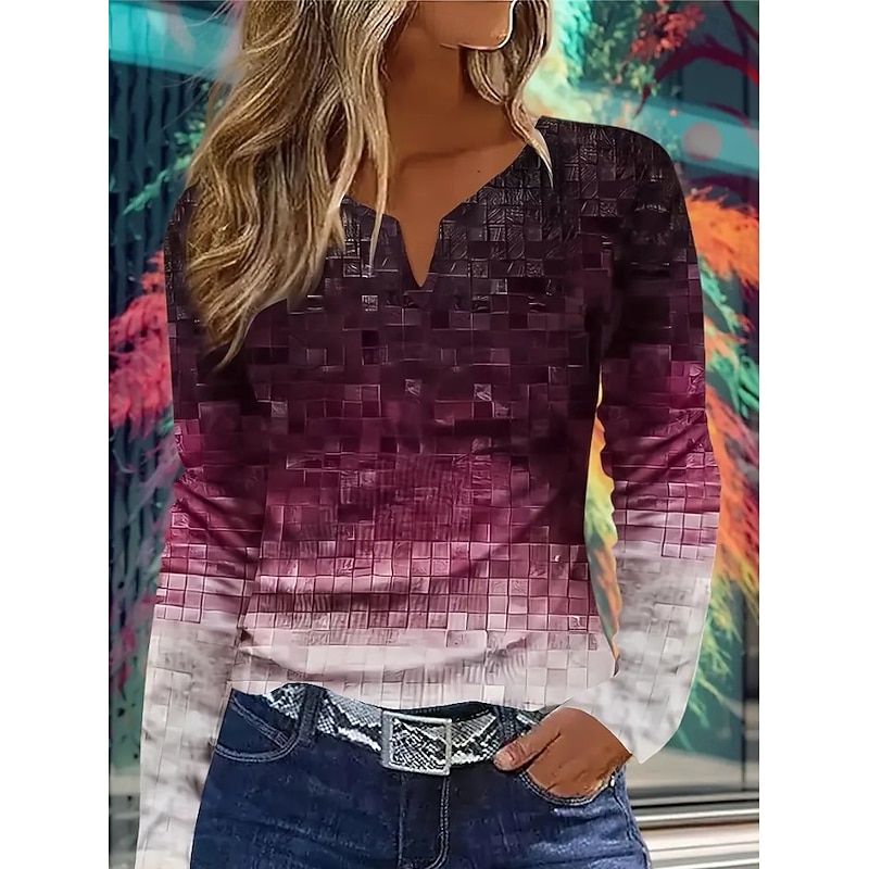 Women's T Shirt Graphic Gradient Abstract Vintage Stylish Classic Long Sleeve V Neck Notched Neck Regular Tops Daily Weekend Print Pink Red Blue Spring Fall Winter