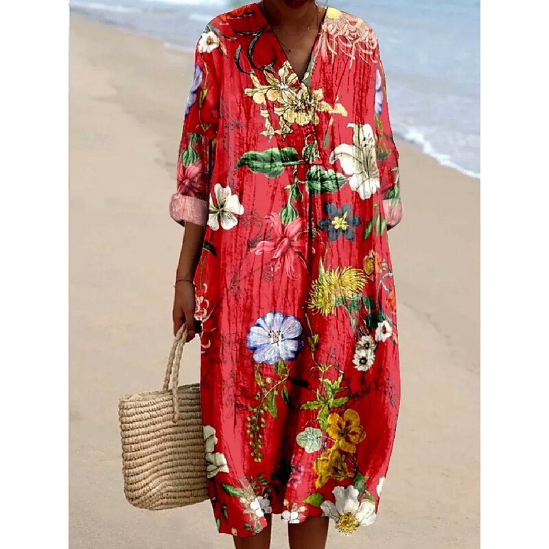 Women's Midi Dress Casual Dress Sundress A Line Dress Vacation Casual Boho Party Holiday Beach Loose Fit Floral Graphic Long Sleeve V Neck Red Spring Fall