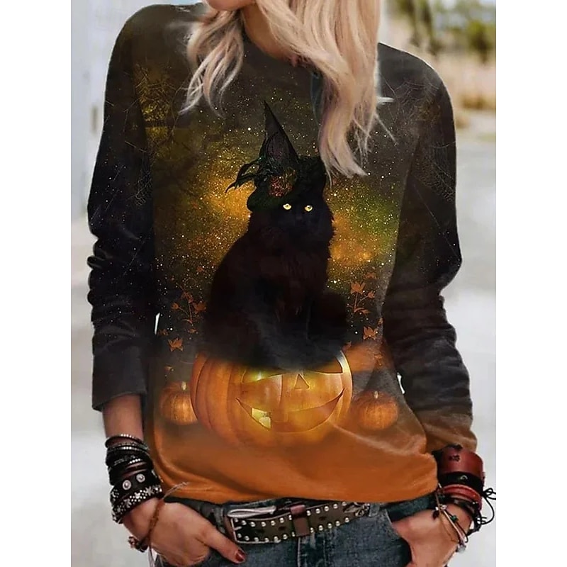 Halloween Women's T shirt Black Cat Graphic Cat Vintage Fashion Stylish Long Sleeve Crew Neck Regular Tops Daily Weekend Print Yellow Red Blue Orange Green Spring Fall Winter3