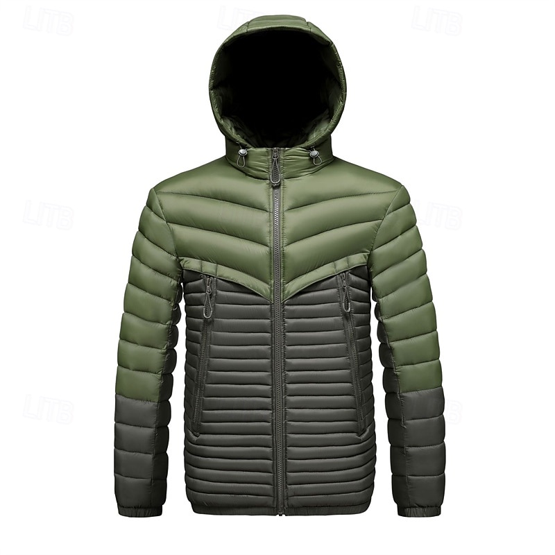 Men's Winter Coat Puffer Jacket Padded Jacket Pocket Polyster Vacation Daily Wear Date Regular Fashion Casual Comfortable Thermal Warm Winter Color Block Dark Grey Black Royal Blue Khaki Puffer Jacket