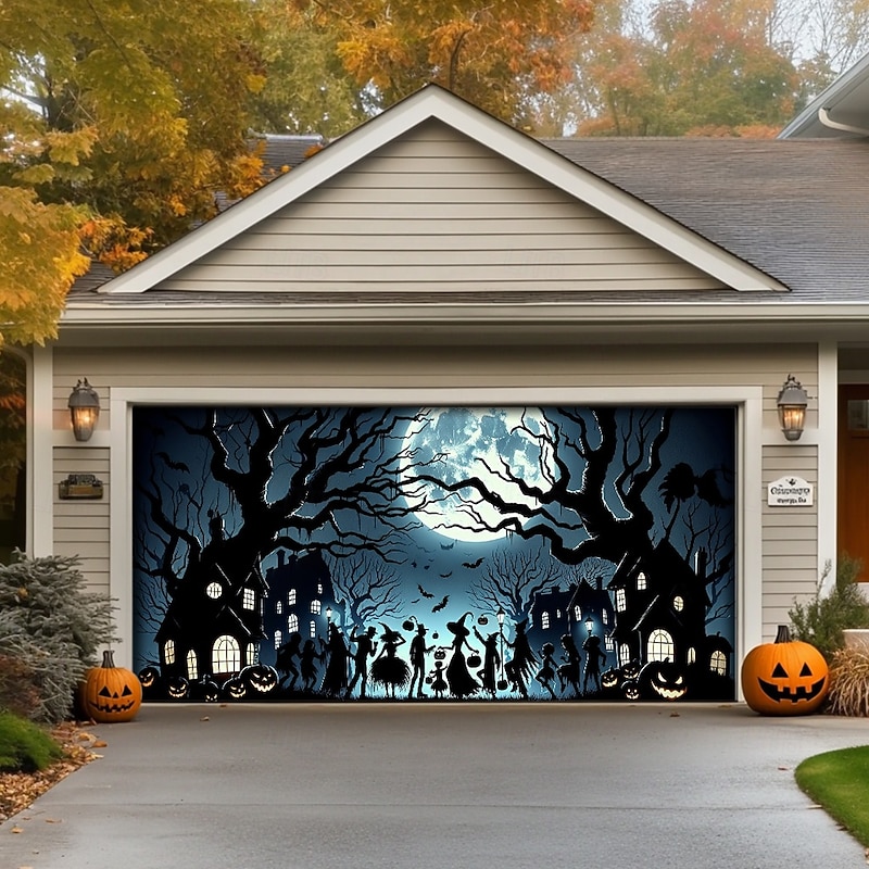 Halloween Tapestry Garage Door Cover Large Hanging Backdrop Castle Dark Punk Gothic Style Party Outdoor Shooting Backgrounds Front Door Home Decor2