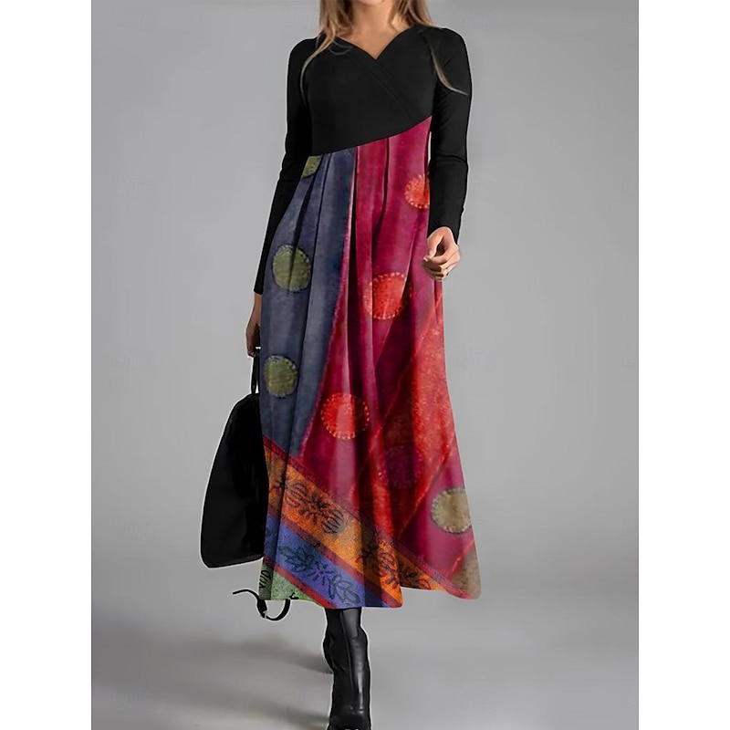 Women's Maxi Dress A Line Dress Casual Daily Regular Fit Graphic Color Block Long Sleeve V Neck Red Blue Purple Spring Fall Winter