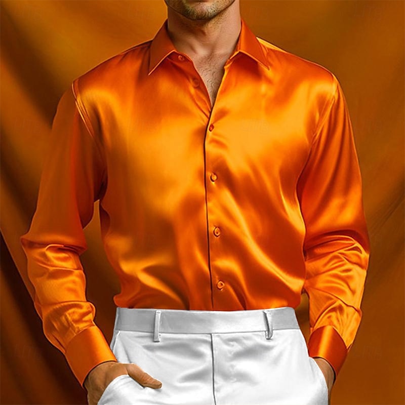 Men's Shirt Silk Like Satin Shirt Dress Shirt Casual Shirt Button Up Shirt Plain Formal Wedding Black Yellow Red Navy Blue Long Sleeve Lapel Spring &  Fall All Seasons Clothing Apparel Plain3