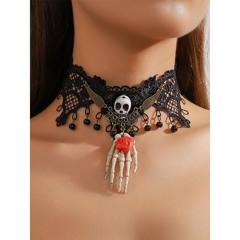 Women's Halloween Gothic Lace Choker Necklace & Skeleton Hand Drop Earrings Set – Skull & Red Rose, Adjustable Alloy Victorian Punk Jewelry for Cosplay, Costume Party, Night Out & Festivals2