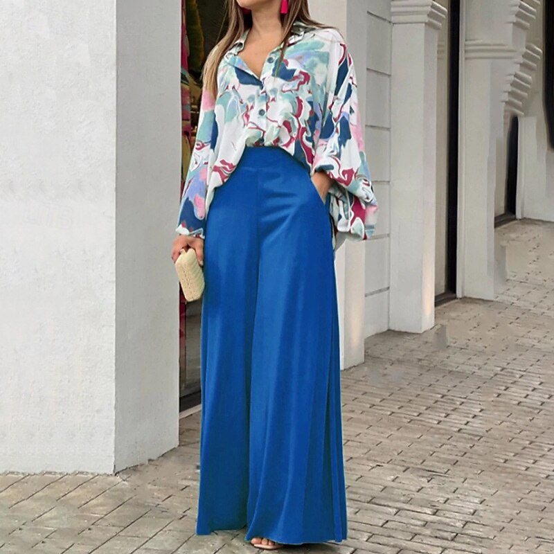 Women's Fashion Basic Shirt Pants Sets Bolero Top Long Sleeve Shirt Collar Floral Print Vacation Casual Daily Yellow Light Green Pink Spring Regular Fit