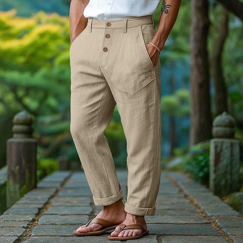 Men's Linen Pants Trousers Summer Pants Front Pocket Straight Leg Plain Comfort Breathable Full Length Outdoor Casual Daily Vacation Fashion White Blue Inelastic