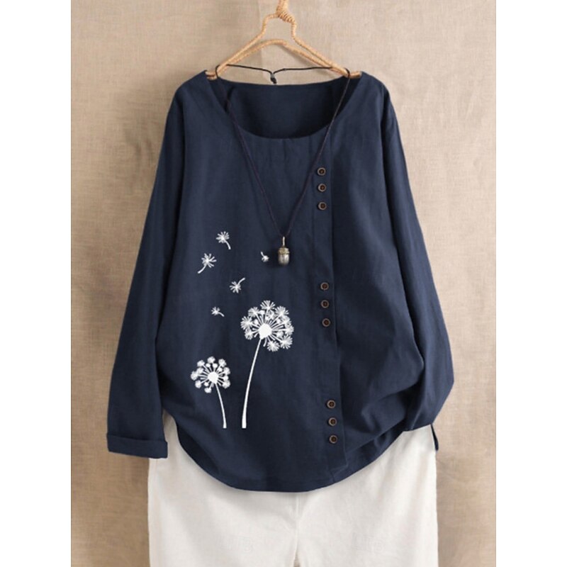 Women's Cotton Linen Shirts Floral Basic Casual Long Sleeve Crew Neck Regular Tops Daily Buttons Print White Navy Blue Summer Fall