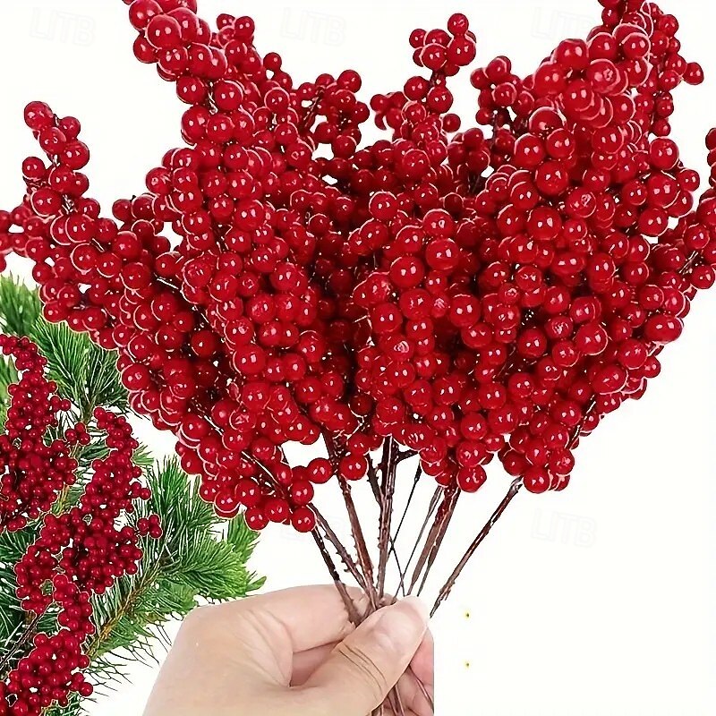 12/24pcs Christmas Red Artificial Berry Stems – 8.66 Inch (22cm) Christmas Tree Picks for DIY Crafts, Wedding, Home Decor, and Holiday Party Supplies