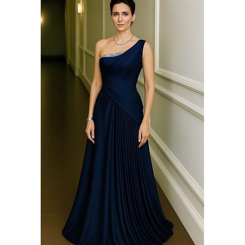 Green Blue A-Line Evening Gown Elegant Dress Formal Wedding Floor Length Sleeveless One Shoulder Stretch Satin with Pleats Ruched 20254