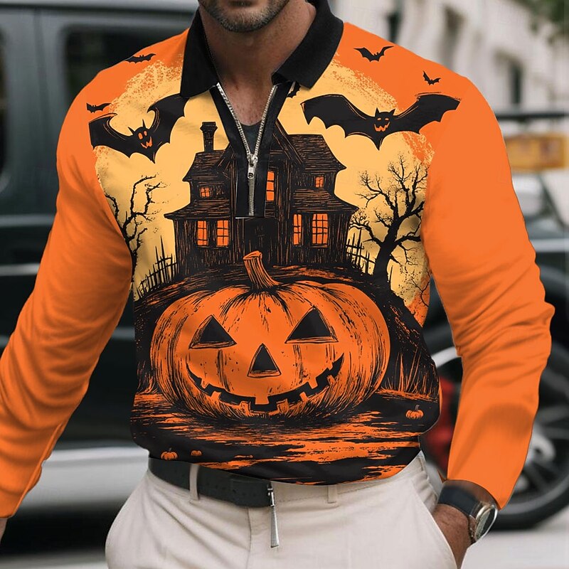 Halloween Men's Pumpkin Castle Polo Long Sleeve Polo Shirts Lapel Casual Street Daily Wear Festival Outfit 3D Print Quarter Zip Polo Spring Fall Winter Black Orange2