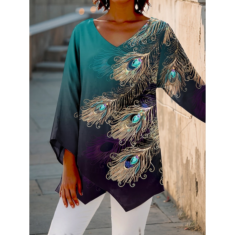 Women's Blouse Graphic Animal Abstract Vintage Stylish Casual 3/4 Length Sleeve V Neck Regular Tops Daily Holiday Print White Blue Green Summer Spring Fall2