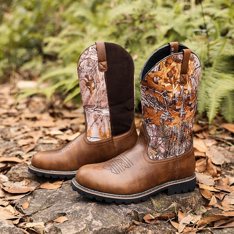 Men's Boots Cowboy Boots Embroidery Retro Handmade Shoes Walking Sporty Casual Outdoor PU Leather Comfortable Slip Resistant Mid-Calf Boots Loafer Yellow-Brown Brown Summer Fall Winter2