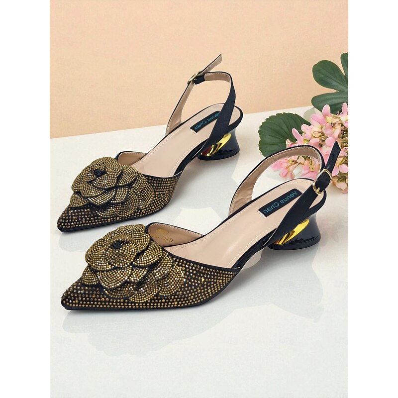 Women's Gold Rhinestone Slingback Pumps with Matching Handbag Set - Elegant Floral Design Dress Shoes and Bag for Formal Events and Cocktail Parties4