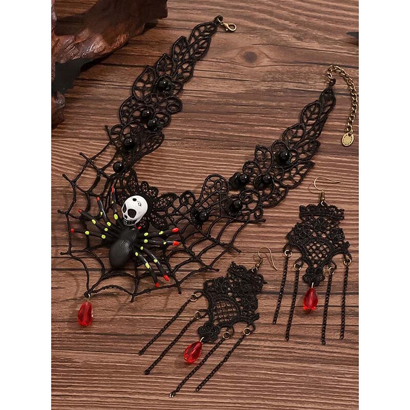 Women's Halloween Spider and Skull Necklace and Earring Set – Black Lace Web Design with Red Gem, Perfect for Halloween Parties and Costumes3