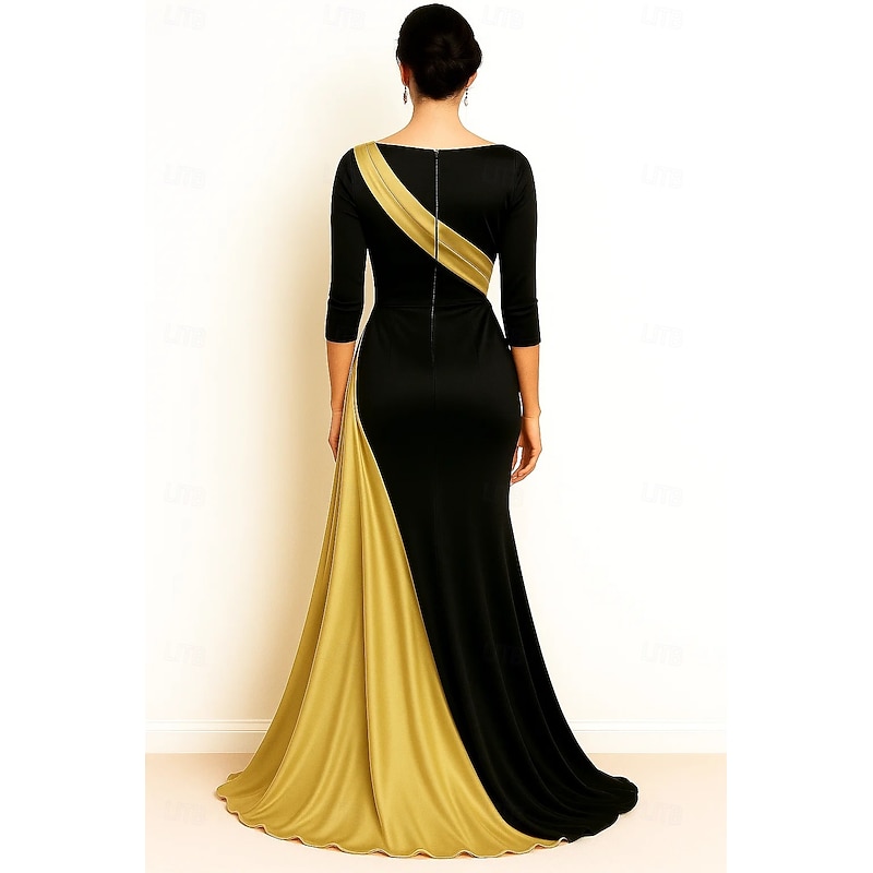Black Gold A-Line Evening Gown Elegant Dress Formal Wedding Floor Length Long Sleeve Boat NeckMother Of the Bride Dress Stretch Satin with Pleats2