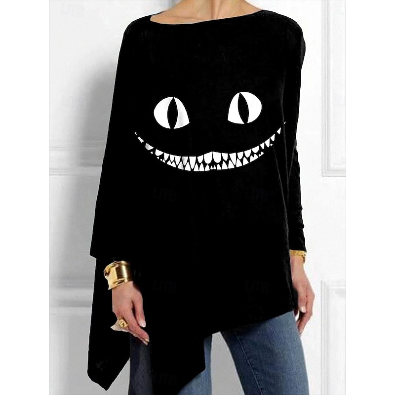 Halloween Women's T shirt Monster Graphic Skull Vintage Stylish Classic Long Sleeve Crew Neck Regular Tops Daily Weekend Print Asymmetrical Black Orange Fall Winter