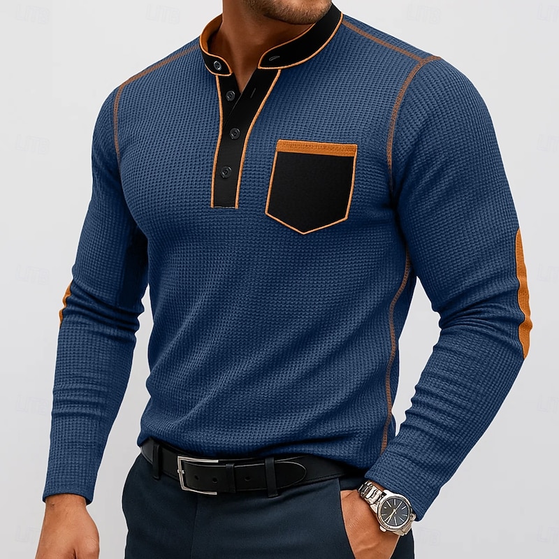 Men's Waffle Henley Shirt Tee Long Sleeve Henley Summer Fall Winter Solid Color Plain Fashion Designer Casual Color Block Buttons Basic Outdoor Casual Daily Black Navy Blue Brown Top Tee for Men