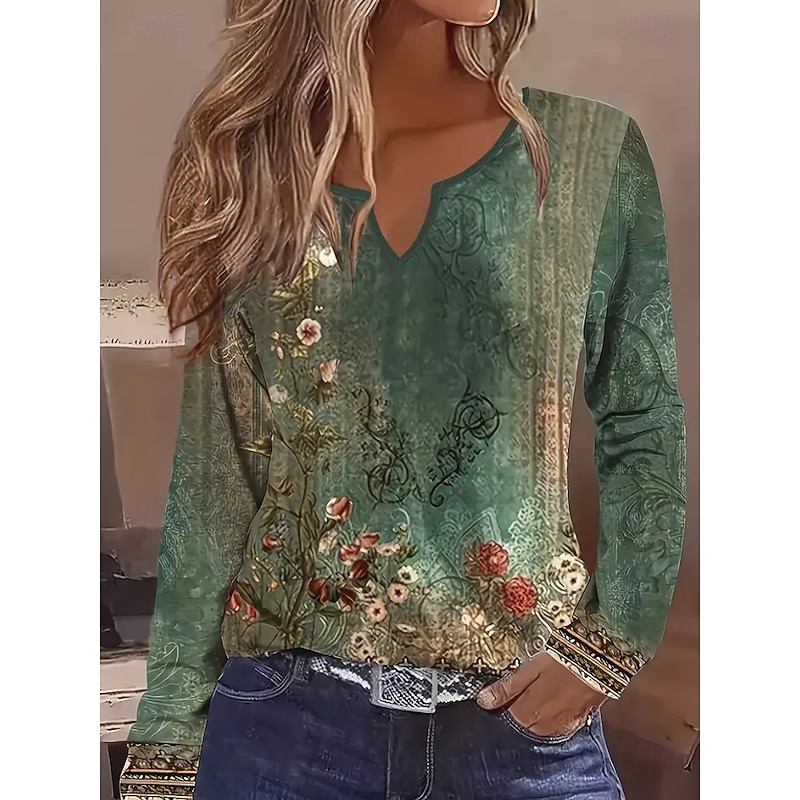 Women's T Shirt Graphic Plants Vintage Stylish Casual Long Sleeve V Neck Notched Neck Regular Tops Daily Weekend Print Green Spring Fall