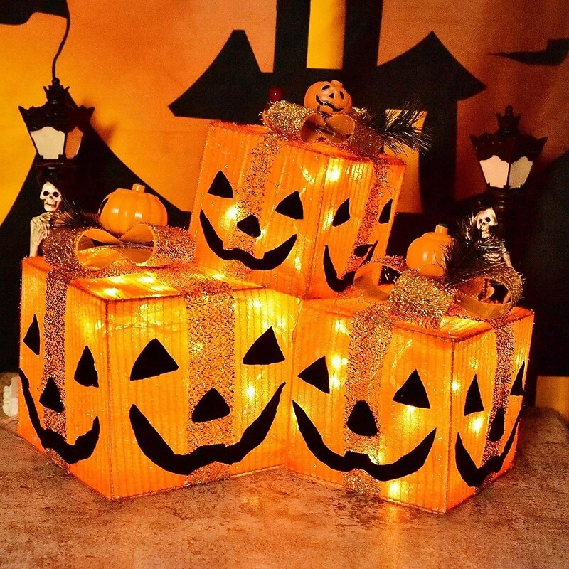 1 Set of 3 Pcs 15.5/20.5/25.5CM Halloween pumpkin face glowing gift box decoration light indoor and outdoor party atmosphere light AAA battery box