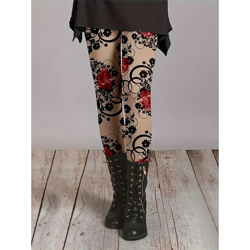 Women's Leggings Vacation Vintage Fashion Full Length High Waist Floral Graphic Printing Thermal Warm Soft Breathable Stretchy Formal Outdoor Vacation Blue Green Khaki Amethyst Spring Fall Slim Fit