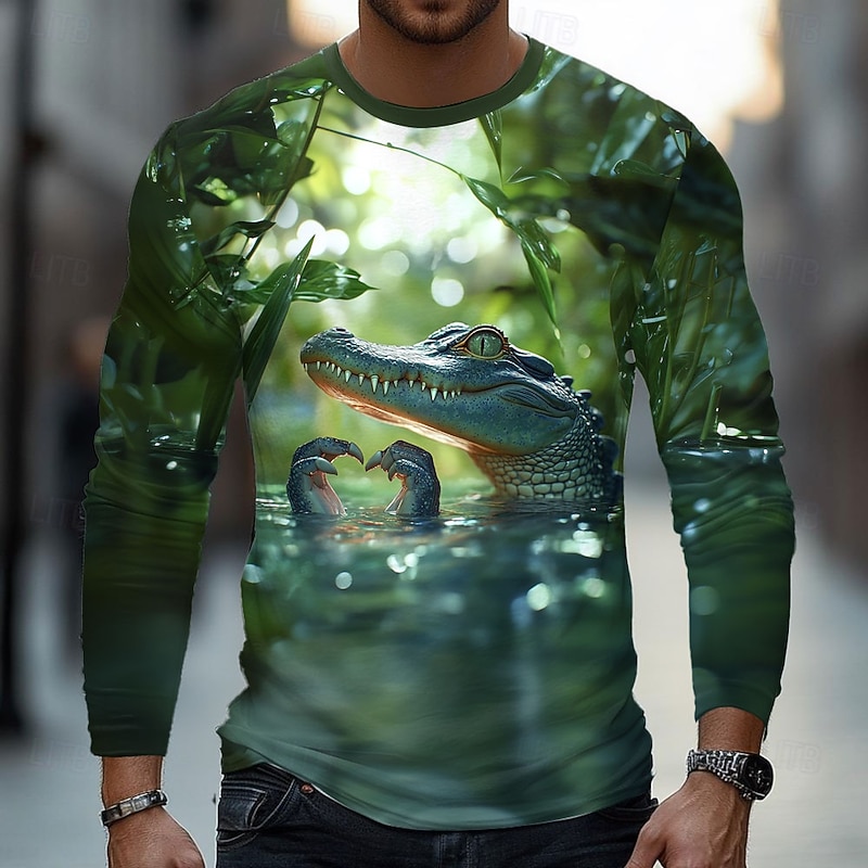 Men's Crocodile 3D T Shirt Long Sleeve T shirt 3D Print Crew Neck Shirt Fashion Basic Street Casual Daily Green 1# Green 2# Green 3# Summer Spring Clothing Apparel S M L XL XXL XXXL2