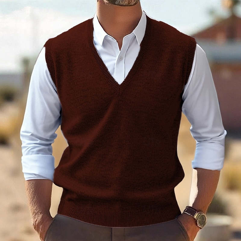 Men's Sweater Vest Dress Sweater Pullover Sweater Jumper Vest Knit Sweater Ribbed Knit Regular Tops Knitted Plain V Neck Fashion Casual Vacation Daily Wear Clothing Apparel Fall Winter Camel Wine S M2