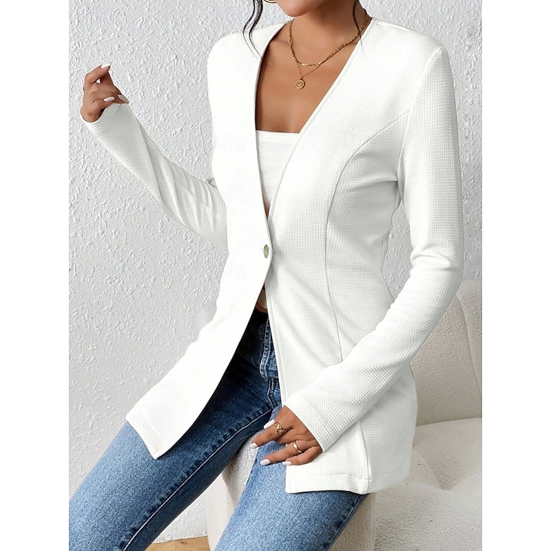 Women's Blazer Comfortable Breathable Buttons OL Style Casual Plain Office Street Casual Daily Wear Single Breasted Regular V Neck Regular Fit Long Sleeve Outerwear Black White Red Spring Fall4