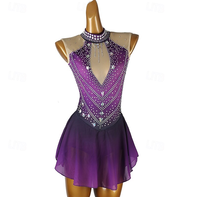 Figure Skating Dress Women's Girls' Ice Skating Dress Purple Blue Black Patchwork Open Back Mesh Spandex High Elasticity Training Practice Professional Skating Wear Classic Crystal / Rhinestone