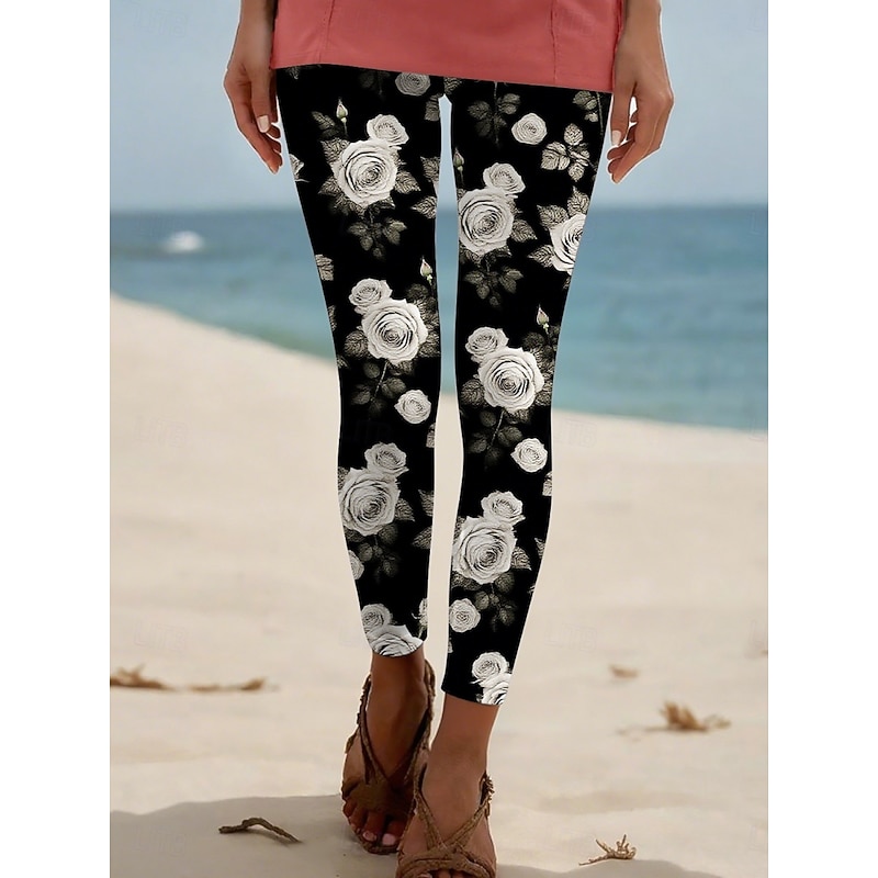 Women's Pants Trousers Leggings Streetwear Casual Full Length High Waist Floral Elastic Waist Print Breathability Comfortable Stretchy Vacation Street Daily Wear Black Summer Spring Fall Regular Fit