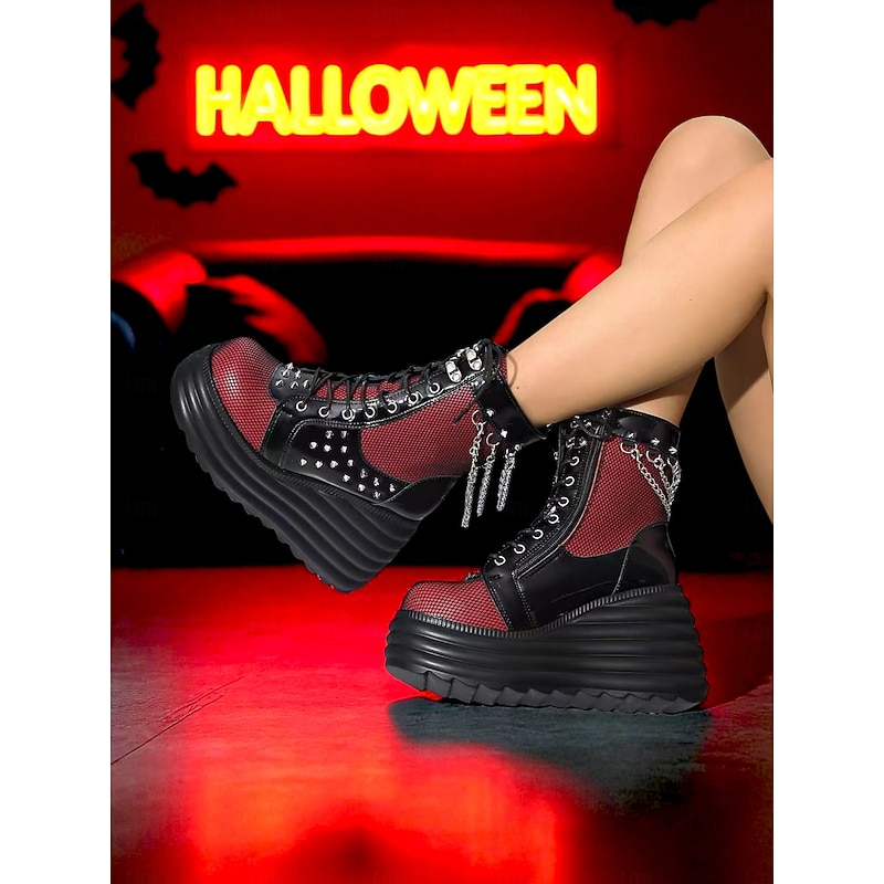 Women's Red Mesh Platform Biker Boots with Studs and Chains - Gothic Punk Lace-Up High Heel Ankle Boots for Halloween, Concerts, and Alternative Streetwear4