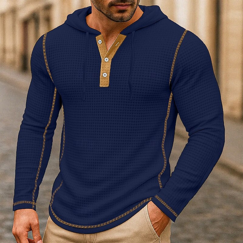 Men's Waffle Hoodies T Shirt Waffle Henley Shirt Henley Shirt Long Sleeve Hooded Henley Spring Spring &  Fall Plain Fashion Designer Basic Patchwork Hooded Vacation Street Casual Black White Navy Blue2