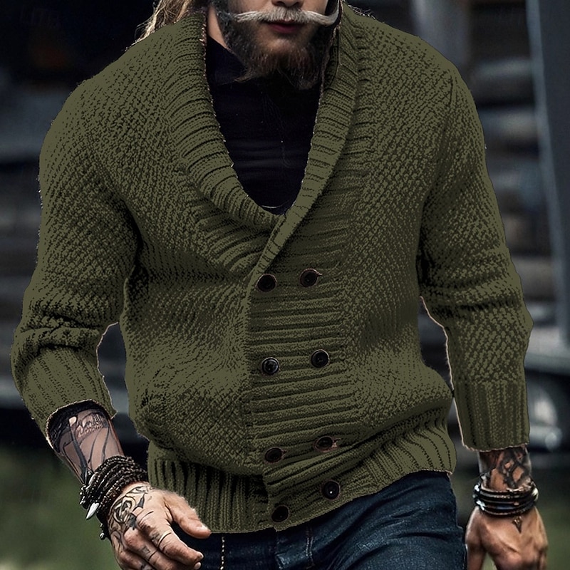 Men's Cardigan Sweater Cropped  Sweater Knit Sweater Ribbed Knit Regular Tops Pocket Buttons Plain Shawl Lapel Fashion Classic Vacation Daily Wear Clothing Apparel Fall Winter Army Green Black S M L3