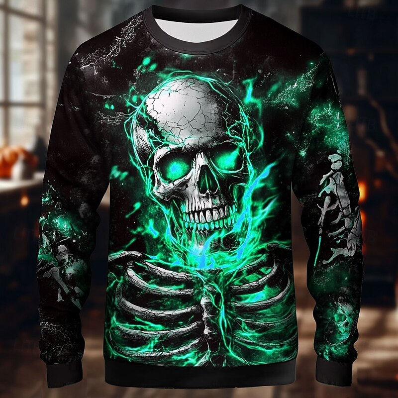 Halloween Day of the Dead Skull Men's Reaper Sweatshirt Punk Party Long Sleeve Crew Neck Vacation Red Blue Crewneck 3D All Seasons Designer