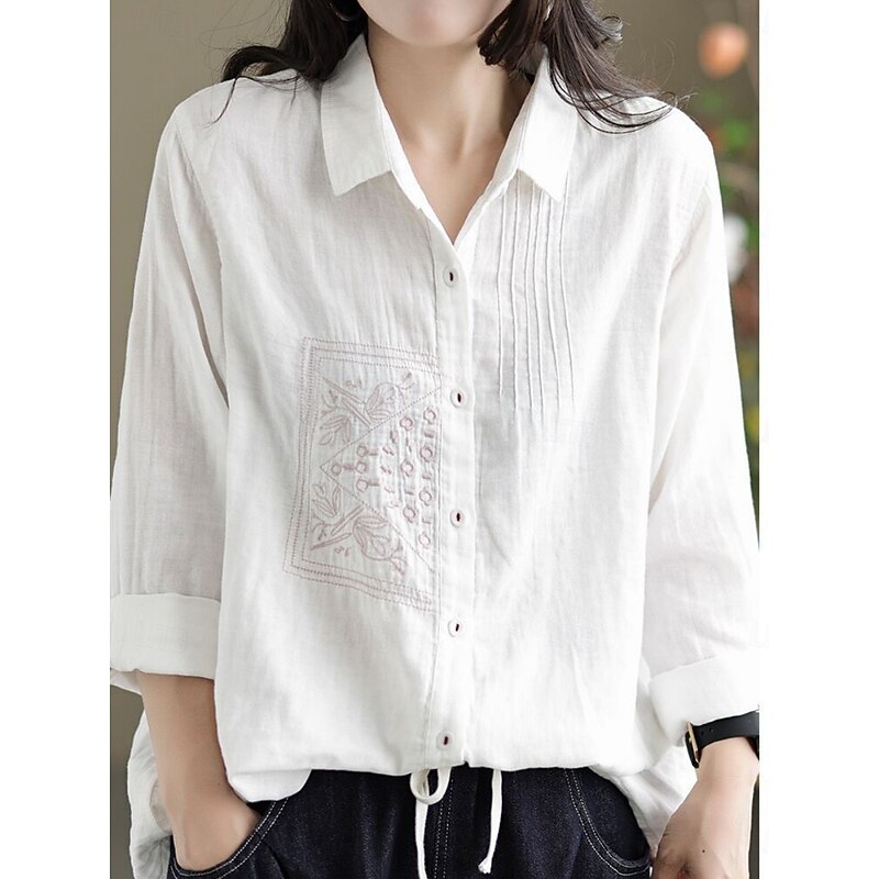 Women's Cotton Linen Shirts Solid Color Vintage Basic Casual Long Sleeve Shirt Collar Regular Tops Daily Embroidered Pocket Buttons White Yellow Green Summer Spring Fall3