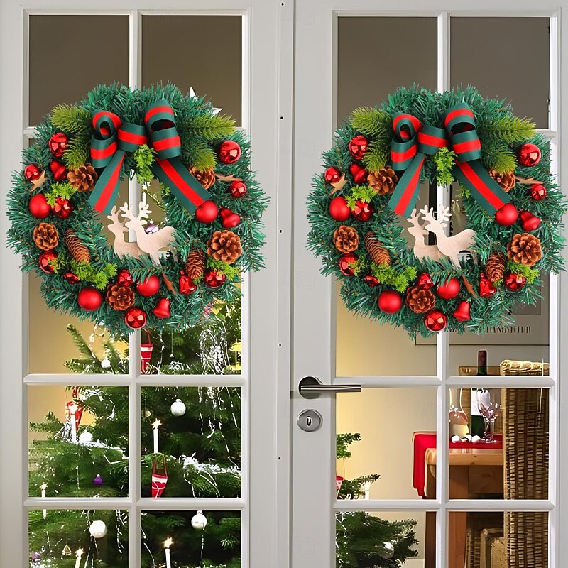 Christmas Wreath for Front Door Xmas Indoor Outdoor Decoration with Pine Needle Wooden Sign Reindeer Baubles Bow Rattan Garland for Mall Window Shop Holiday Display4