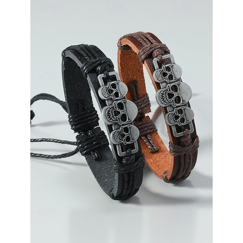 Men's Skull Faux Leather Bracelet – Adjustable Cord with 3 Skull Charms, Available in Black and Brown – Perfect for Halloween and Casual Wear