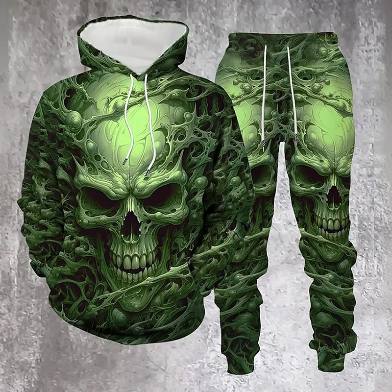 Halloween Men's Skulls 2pcs 3D Sweatshirt Sets Tracksuit Hoodie Sweatshirt Long Sleeve Long pants Hooded Casual Daily Street Athleisure 3D Print Spring Fall Winter Green