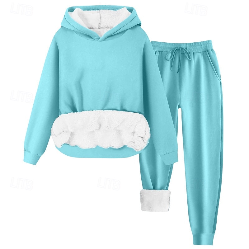 Women's Fleece Lined Pullover Sweatshirt Pajamas Active Blouse Hoodie Pants Sets Long Sleeve Hooded Solid Color Drawstring Daily Wear Casual Daily Black Yellow Light Green Winter Regular Fit3