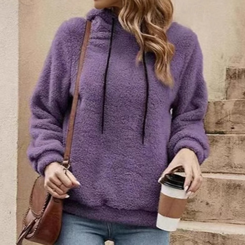 Women's Double Fuzzy Sweatshirt Thick Warm Drawstring Long Sleeve Sports Solid Color Top For Outdoor Travel Vacation Activewear4