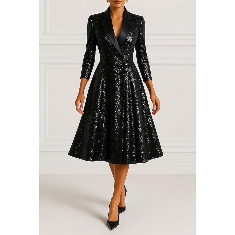 Tuxedo Dress A-Line Formal Satin Sequin Elegant Vintage 3/4 Sleeve Pleated Tea Length Peak Lapel Double Breasted