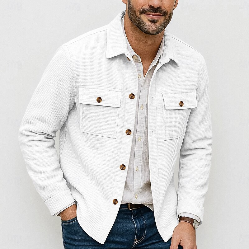 Men's Lightweight Jacket Waffle Jacket Shirt Jacket Casual Jacket Vacation Casual Breathable Pocket Button-Down Spring Fall Plain Fashion Classic Lapel Regular Black White Wine Dark Green Khaki Jacket3
